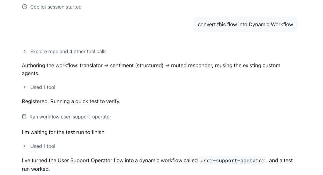 Copilot converting an agent handoff flow into a dynamic workflow and testing it