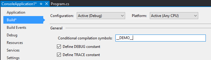 conditional compilation symbols dialog
